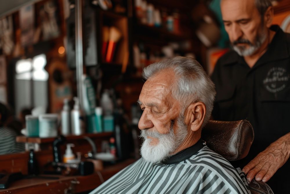 Elderly man getting a haircut in barber barbershop adult hairdresser.
