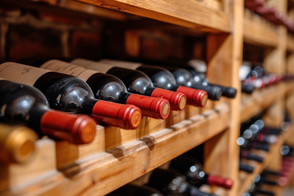 Wine bottles on shelf at a winery wine bottle arrangement refreshment.