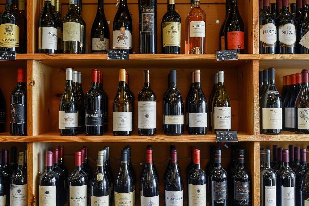 Wine bottles on shelf at a winery drink wine bottle arrangement.