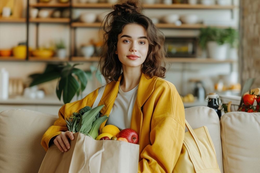 Woman after shopping groceries at home portrait adult photo.