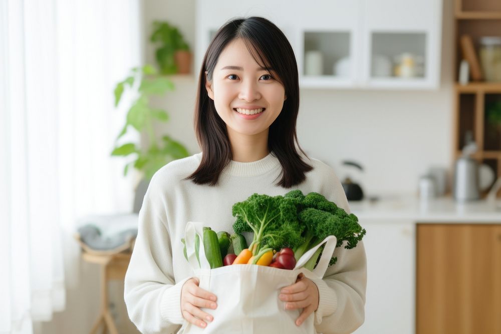 Woman after shopping groceries at home vegetable adult plant.