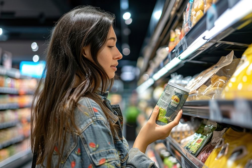 Woman choose the product at grocery store supermarket consumerism freshness.