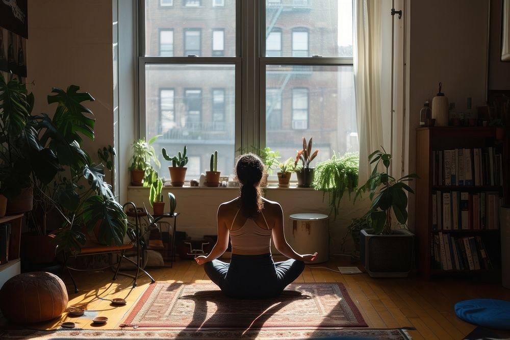 A woman poses for yoga in an apartment living room adult day contemplation.