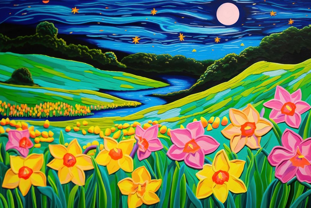 Charming daffodil fields painting outdoors nature.