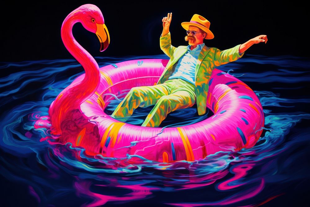 Cheerful man in a striped suit swim in flamingo rubber ring adult blue representation.