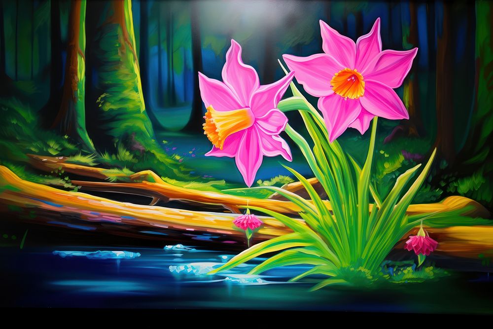 A blooming spring daffodil flower in a forest painting outdoors purple.