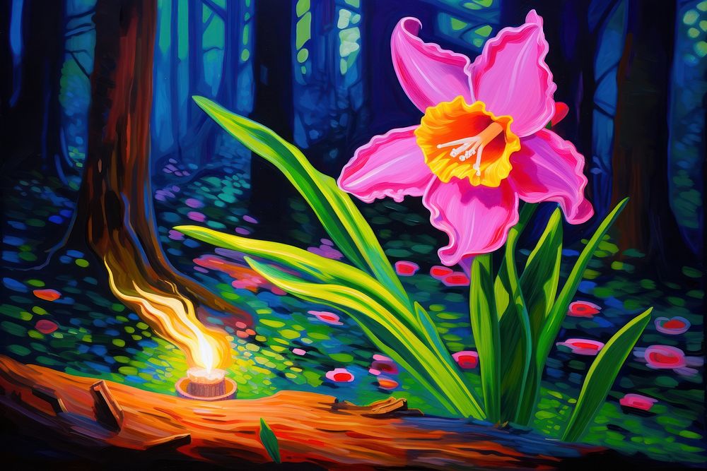 A blooming spring daffodil flower in a forest outdoors painting purple.