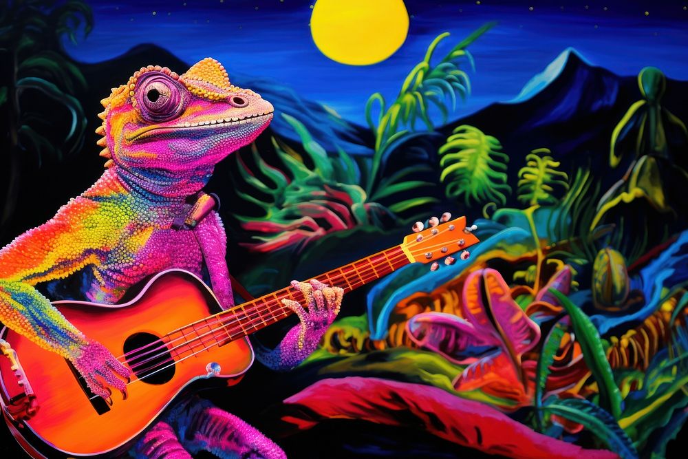 A chameleon lizard musician playing guitar painting reptile representation.