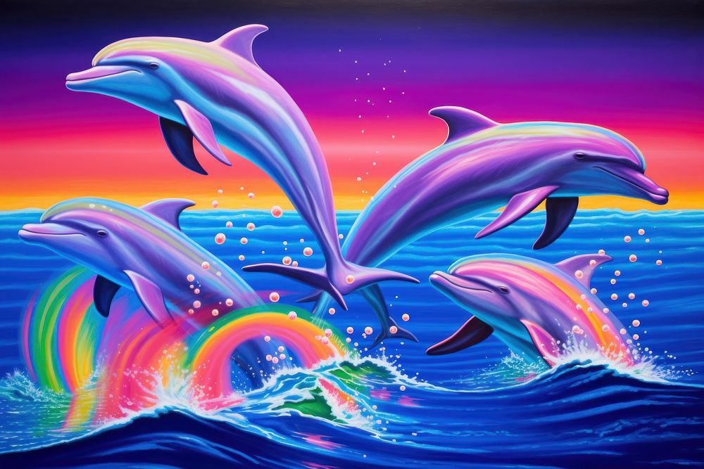 A group of dolphins swimming in water outdoors painting animal.