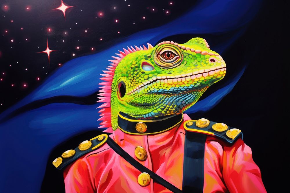 A humanoid lizard wearing a bright green and green military uniform reptile animal iguana.