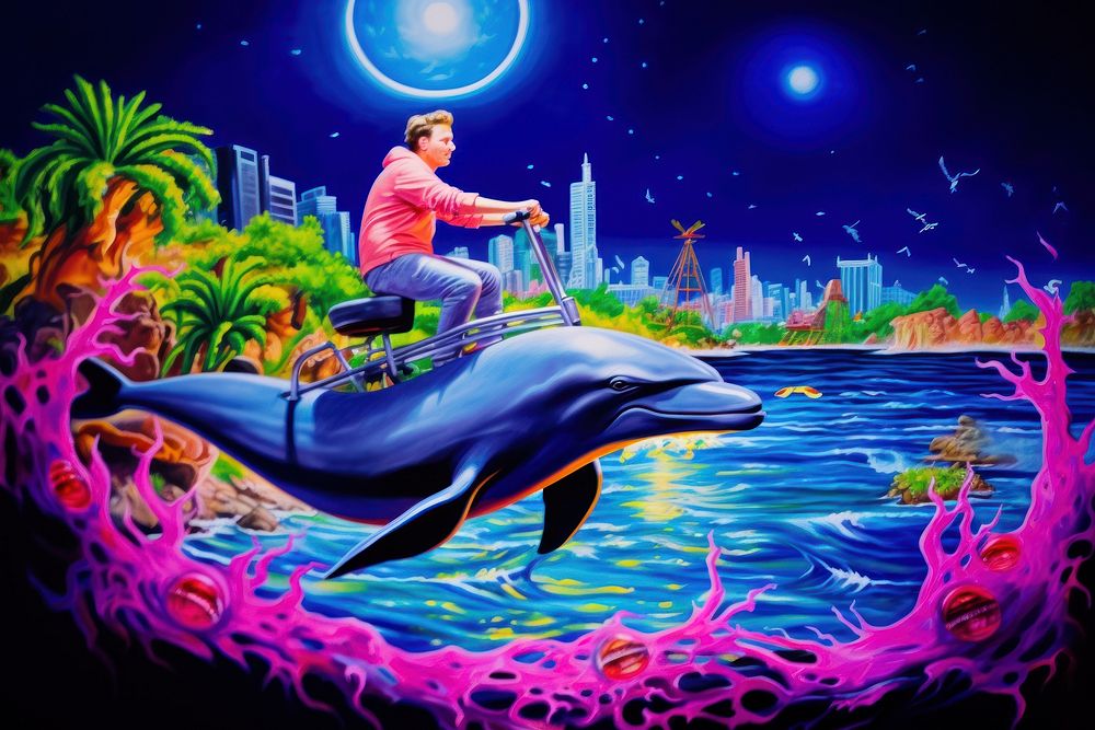 A man ride a dolphin purple outdoors animal.