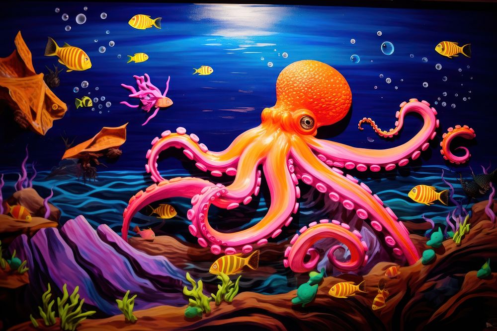 An octopus is swimming in the ocean painting marine yellow.