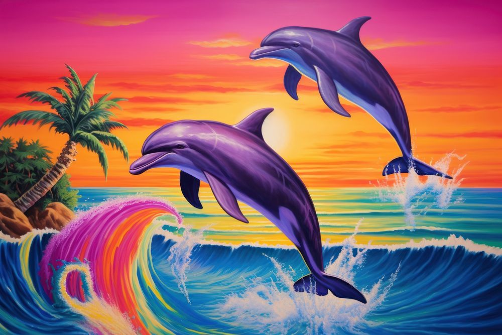 Dolphins jumping out of the ocean at sunset outdoors painting animal.