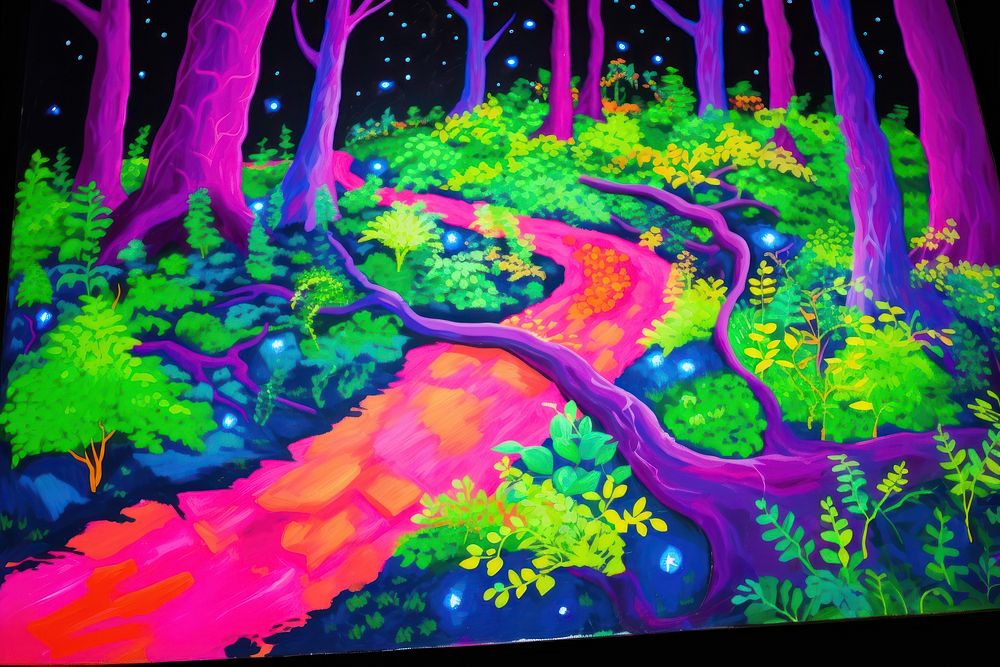 Forest path with trees covered with ivy and moss painting purple pattern.