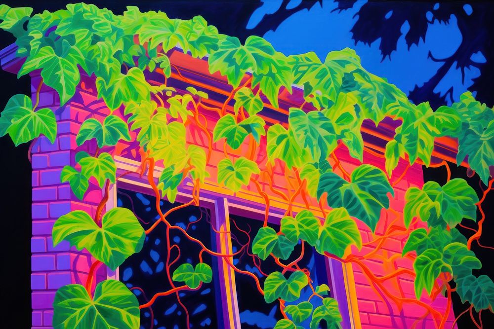 Facade of house overgrown by ivy painting purple yellow.