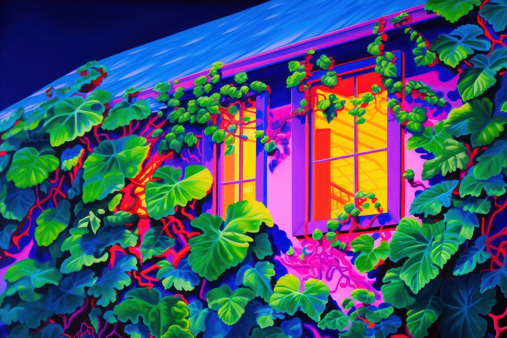 Facade of house overgrown by ivy purple green painting.