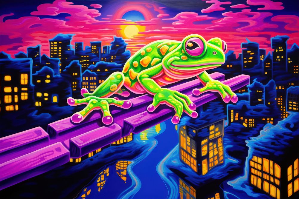 Frog running in night city purple frog representation.