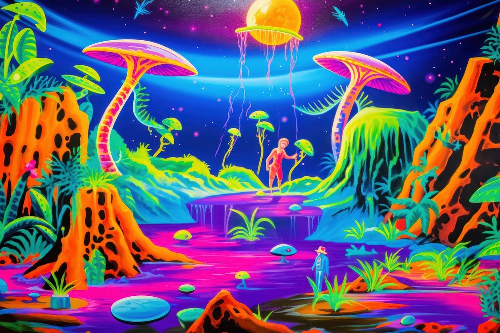 Jungle forest legends about aliens visiting extraterrestrial ufo painting outdoors purple.