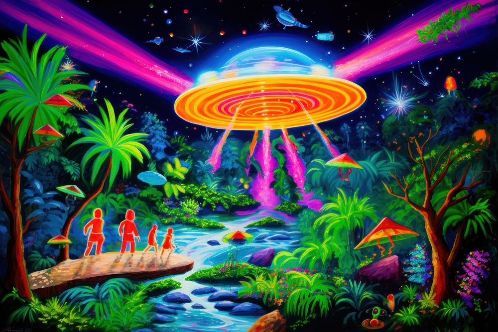Jungle forest legends about aliens visiting extraterrestrial ufo outdoors painting nature.