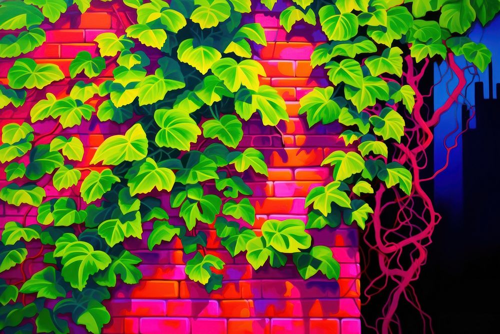 Old brick wall covered in ivy backgrounds painting purple.