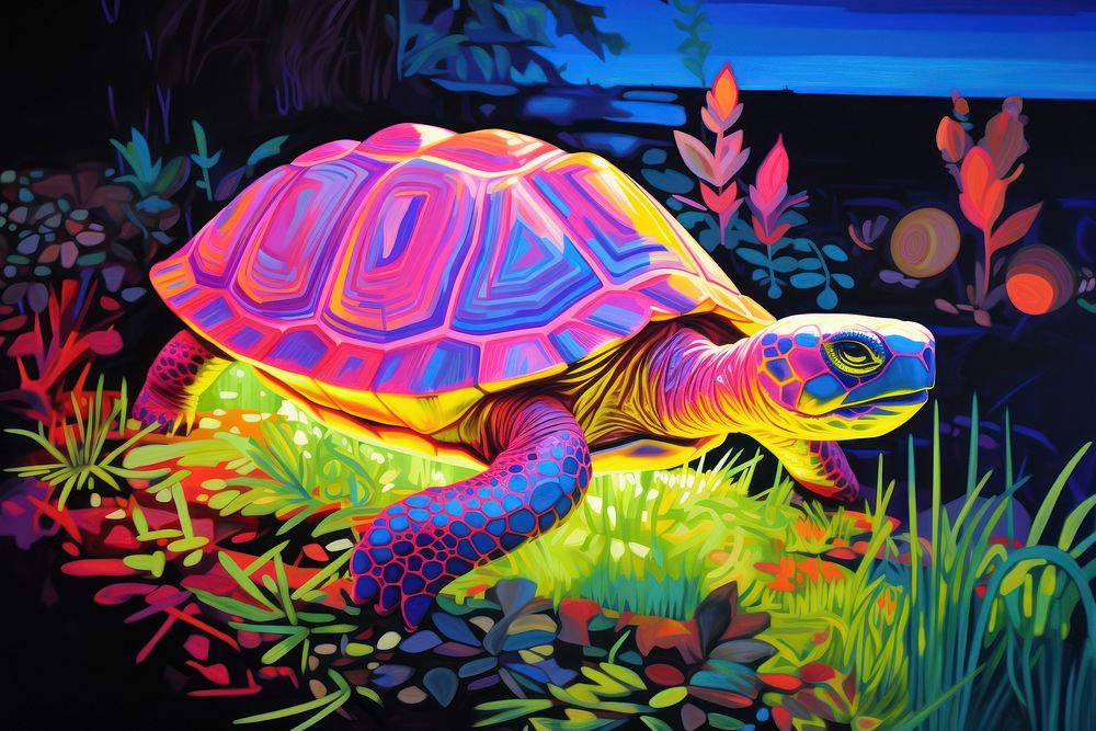 Old turtle on the grass painting reptile animal.