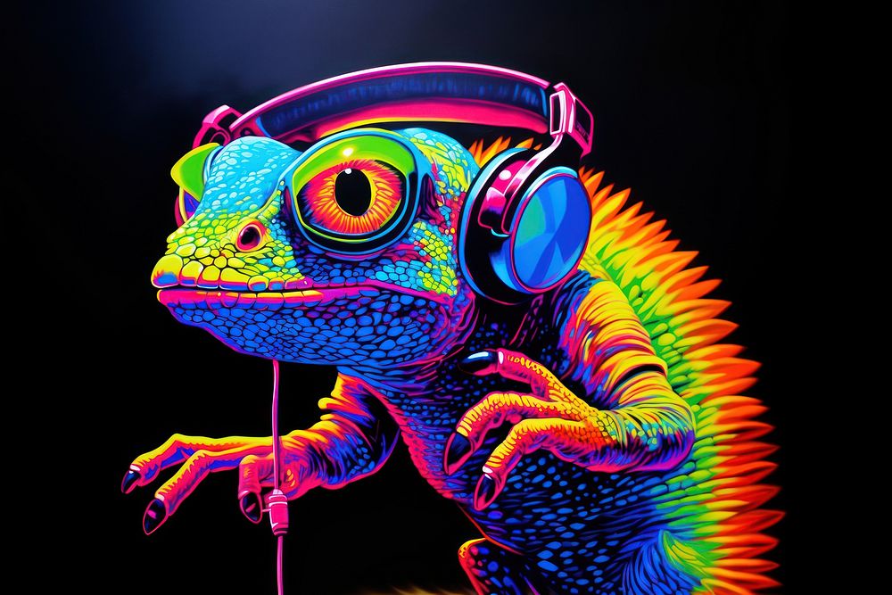 Music dj lizard with sunglasses and headphones reptile purple music.