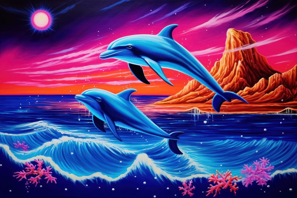 Night ocean with a pair of beautiful dolphins outdoors painting nature.
