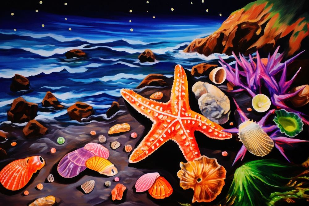 Starfish and mollusk shells laying on rocks on a beach outdoors painting nature.