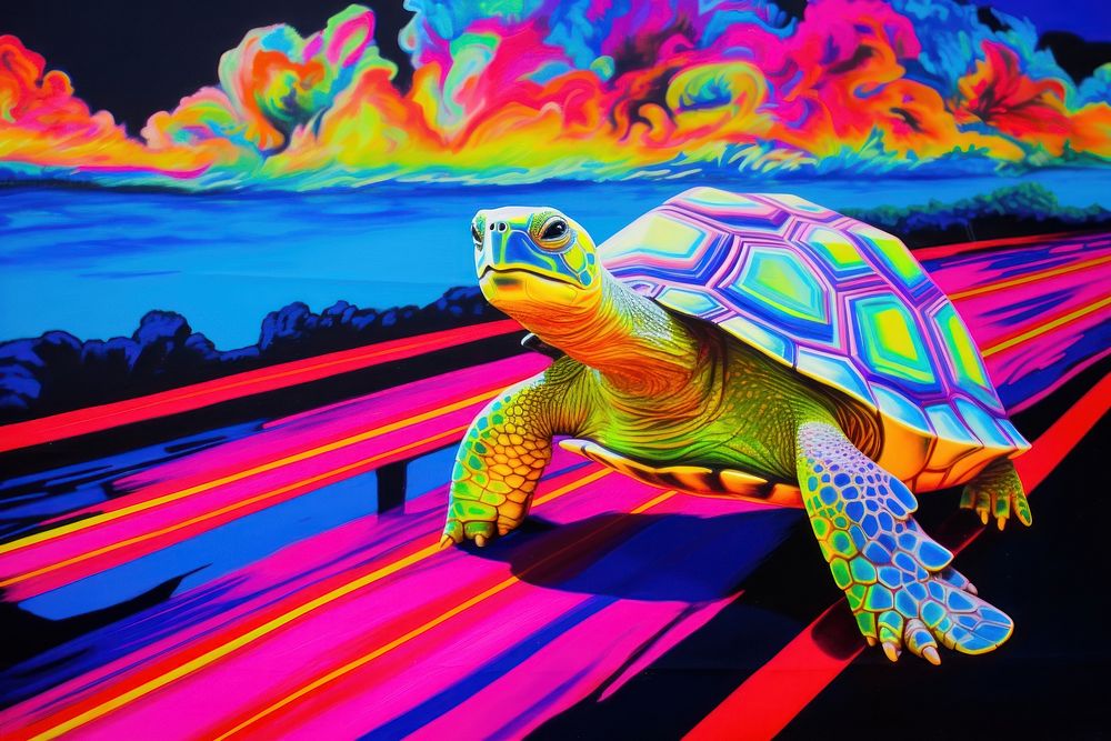 Turtle walking on road painting reptile animal.