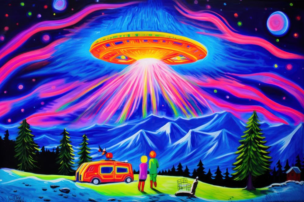 UFO Abduction painting outdoors illuminated.