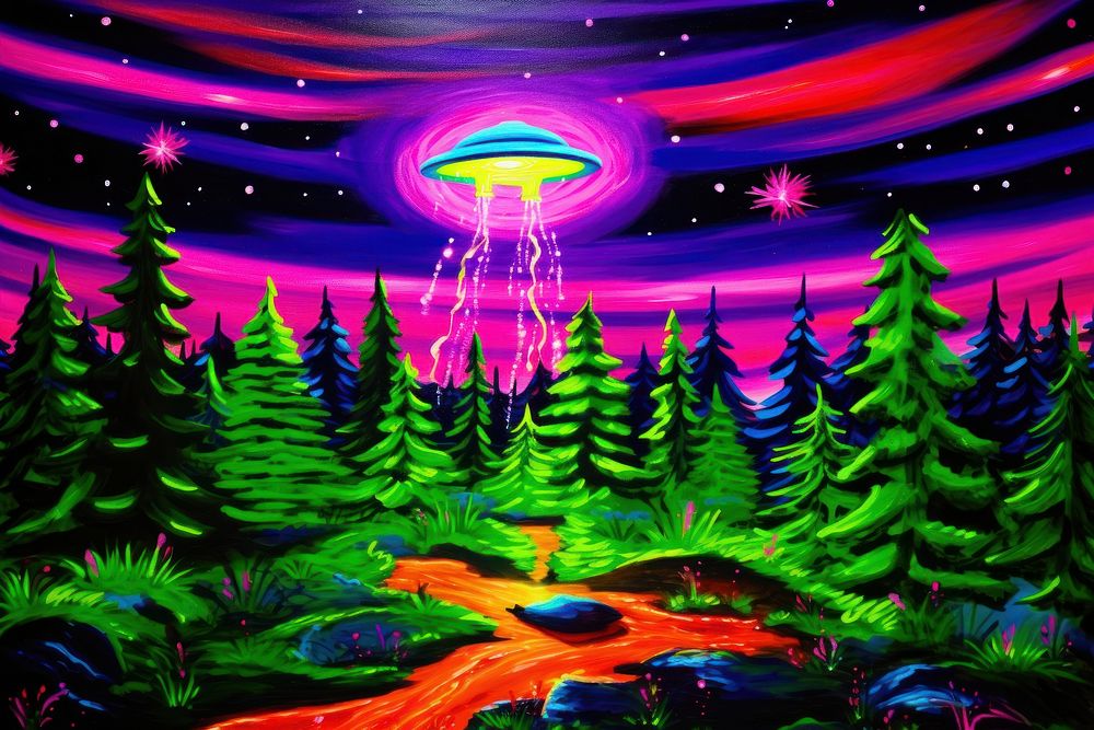 Ufo flew over the wild forest at night purple outdoors painting.