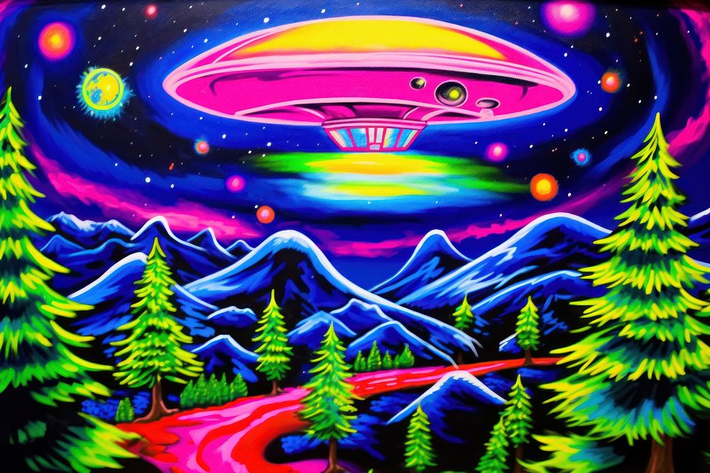 Ufo flying in the night painting purple plant.