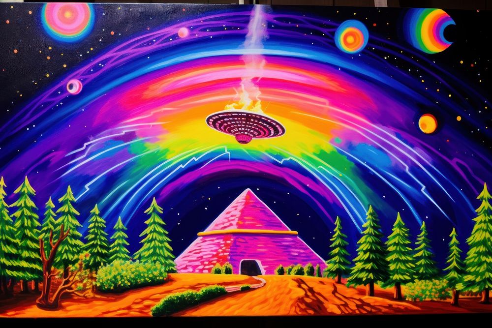 Ufo hovering over the pyramids purple painting nature.