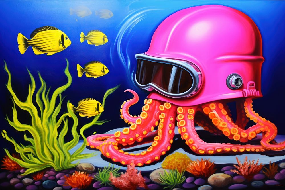 Vintage style diver helmet with octopus outdoors nature marine.