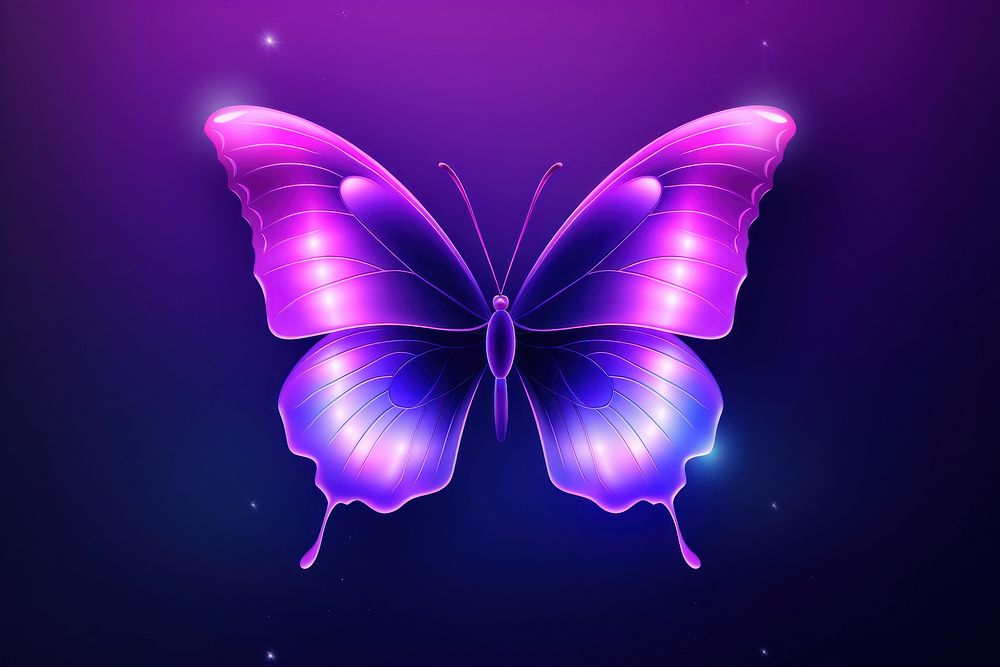 Purple butterfly neon light illuminated chandelier.