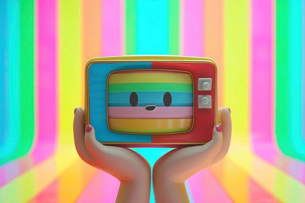 Close up chubby hands holding a small retro TV character cartoon screen electronics.