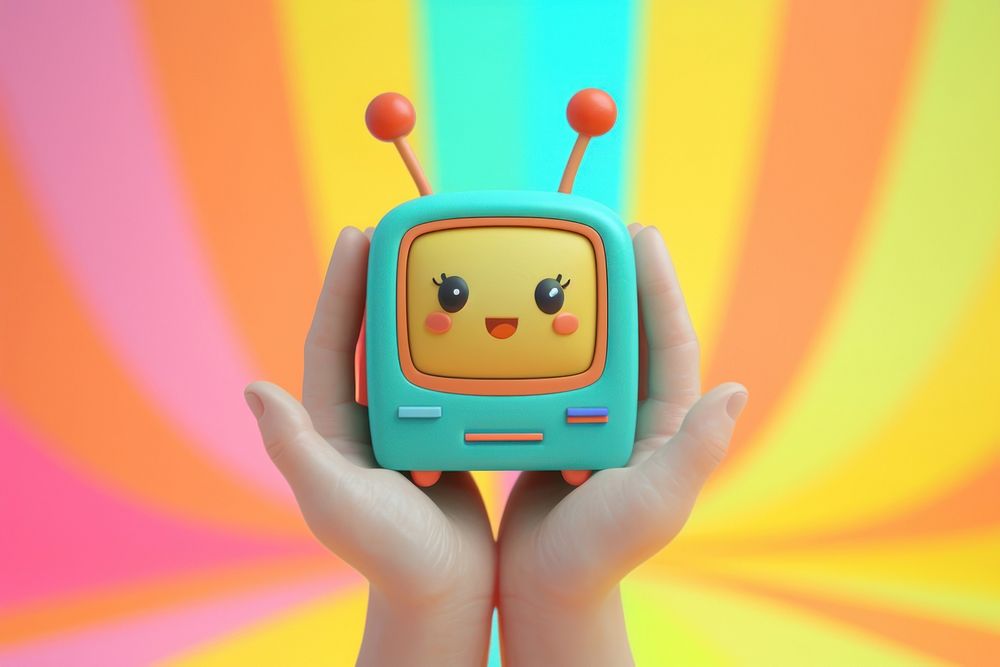 Close up chubby hands holding a small retro TV character cartoon screen representation.