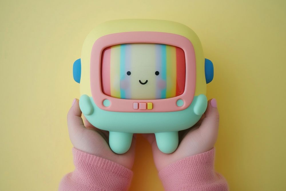 Close up top view chubby hands holding a small retro TV character cartoon display screen.