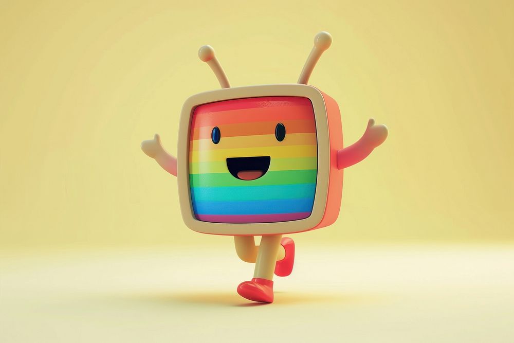 Small retro TV character cartoon rainbow representation.