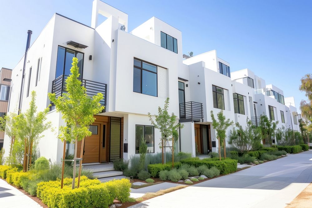 White contemporary townhouse architecture building city.