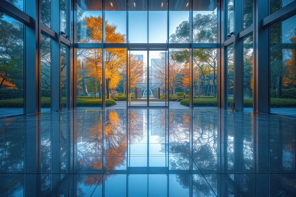 Morning view to perspective glass building architecture reflection entrance.