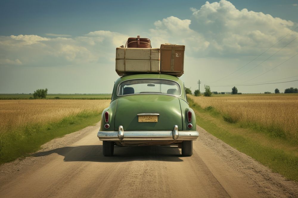 Classic car with boxes on top vehicle green road.