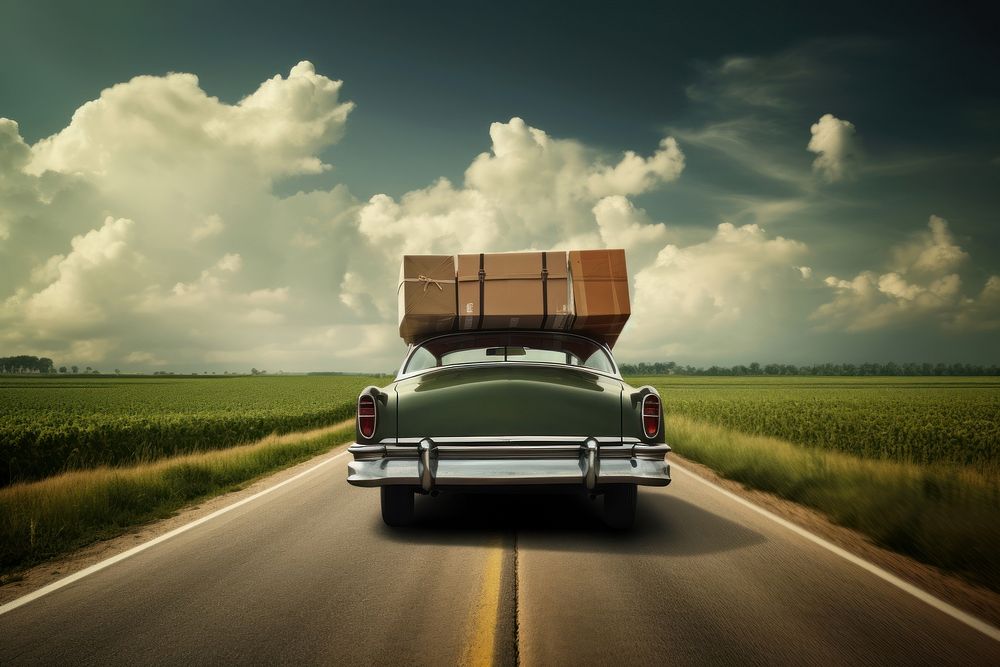 Classic car with boxes on top outdoors vehicle road.