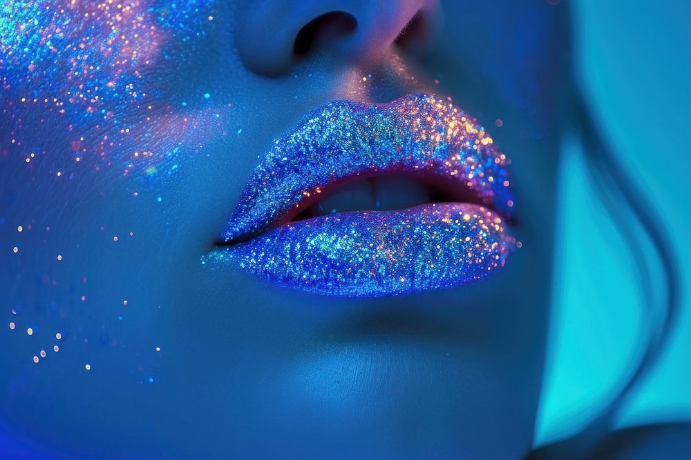 Woman glitter lips with neon colored blue illuminated celebration.