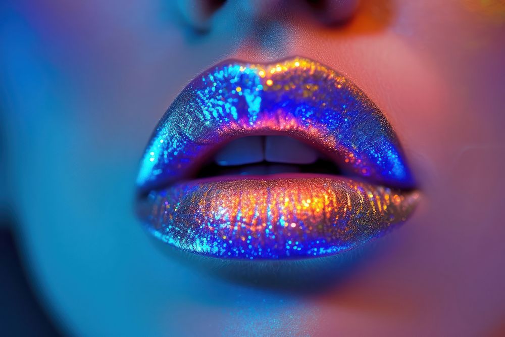 Woman glitter rainbow color lips blue lipstick portrait.