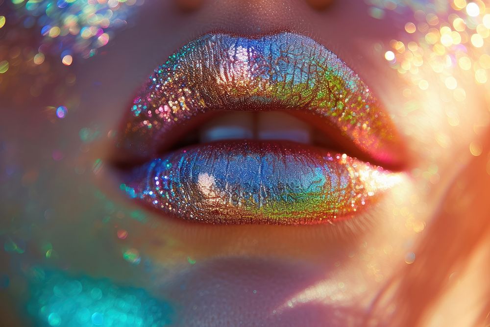 Woman glitter rainbow color lips blue celebration headshot.