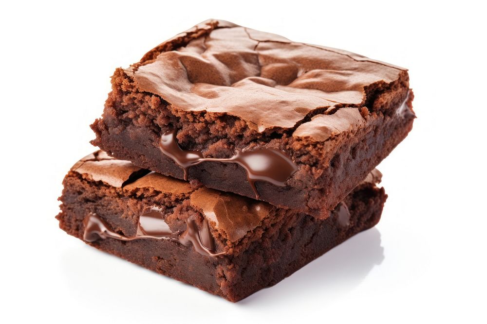 Two fudgy brownies confectionery chocolate dessert.