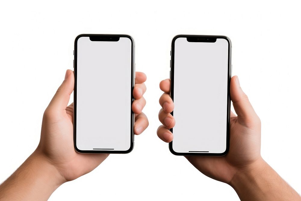 Two hands holding smart phone white background photographing portability.
