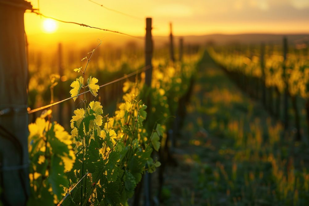 Vineyard field at a sunset outdoors nature yellow.