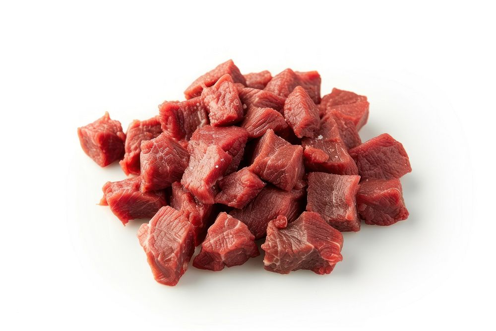Diced beef meat food white background.